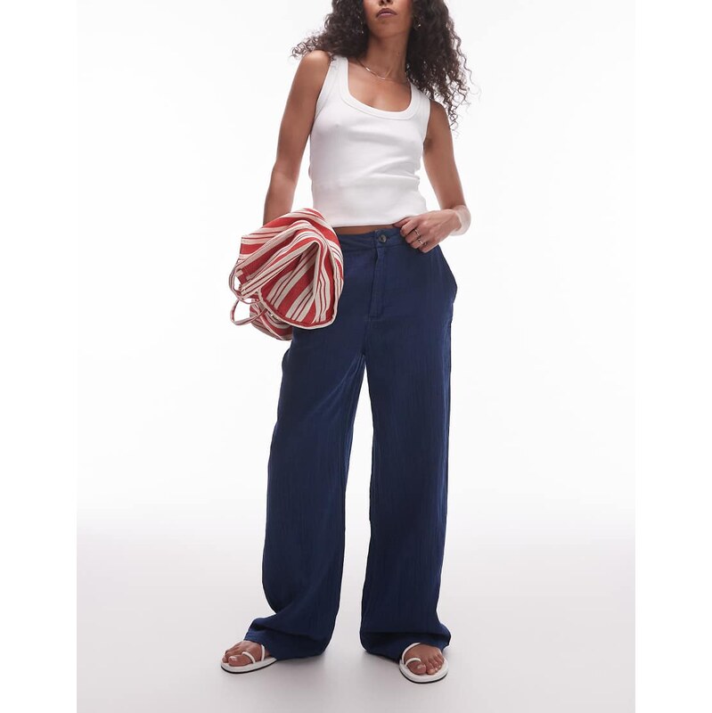 Mango straight leg high waisted cotton trouser in navy 107695661