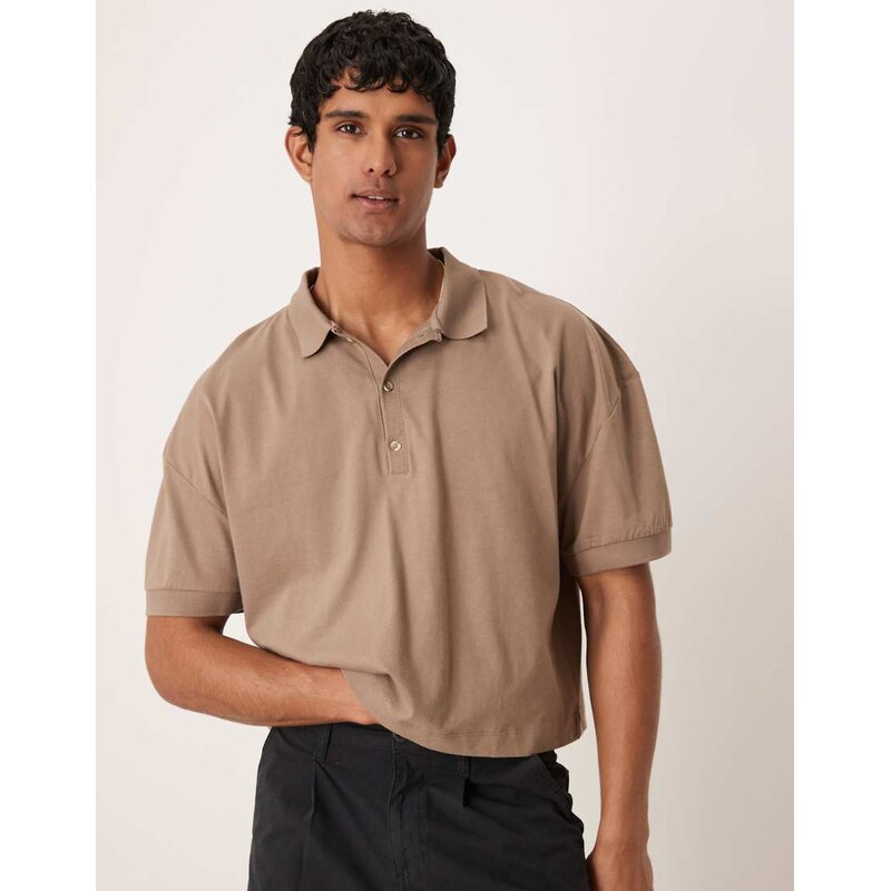 ASOS DESIGN oversized drop shoulder polo shirt in stone-Neutral