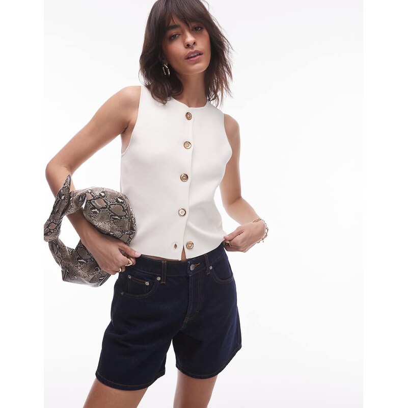 Mango button through fine knit vest with gold button in buttermilk 105829082