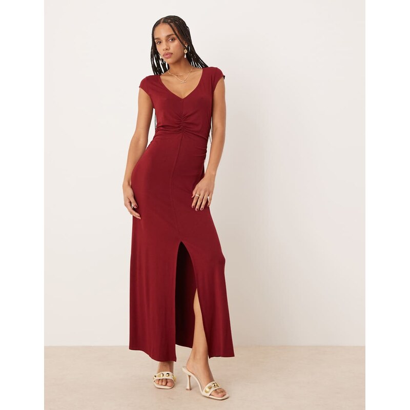 ASOS DESIGN cap sleeve waist detail midi tea dress in burgundy
