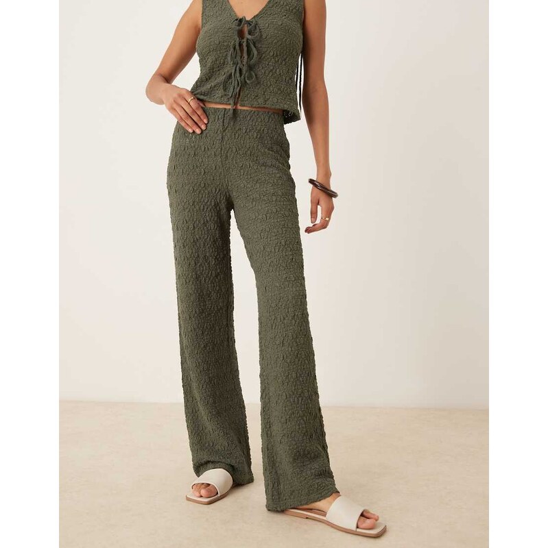 Mango crinkle wide leg trouser co-ord in khaki-Green 106010554