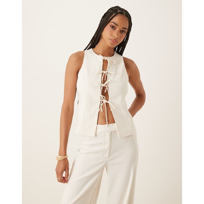 Mango tie front linen mix waistcoat co-ord in white 105829204