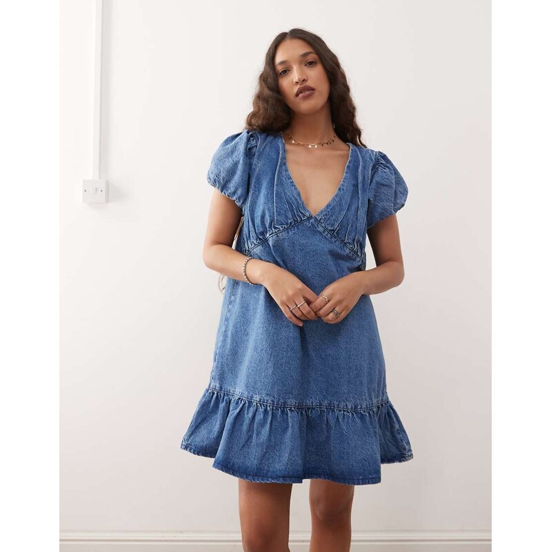 Reclaimed Vintage denim smock mini dress with puff sleeves in midwash 107557096