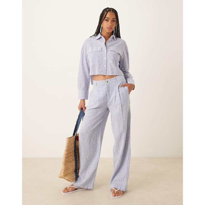 Mango linen mix stripe elasticated waist trouser co-ord in light blue 105829337