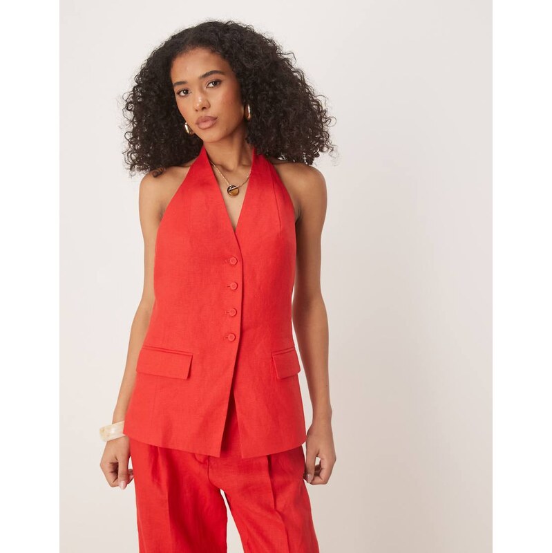 Mango halterneck linen waistcoat co-ord in red 115585041