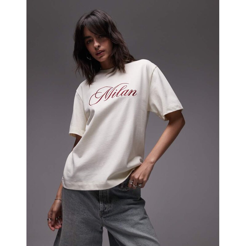 Topshop embroidered Milan premium short sleeve tee in buttermilk-White 106512754