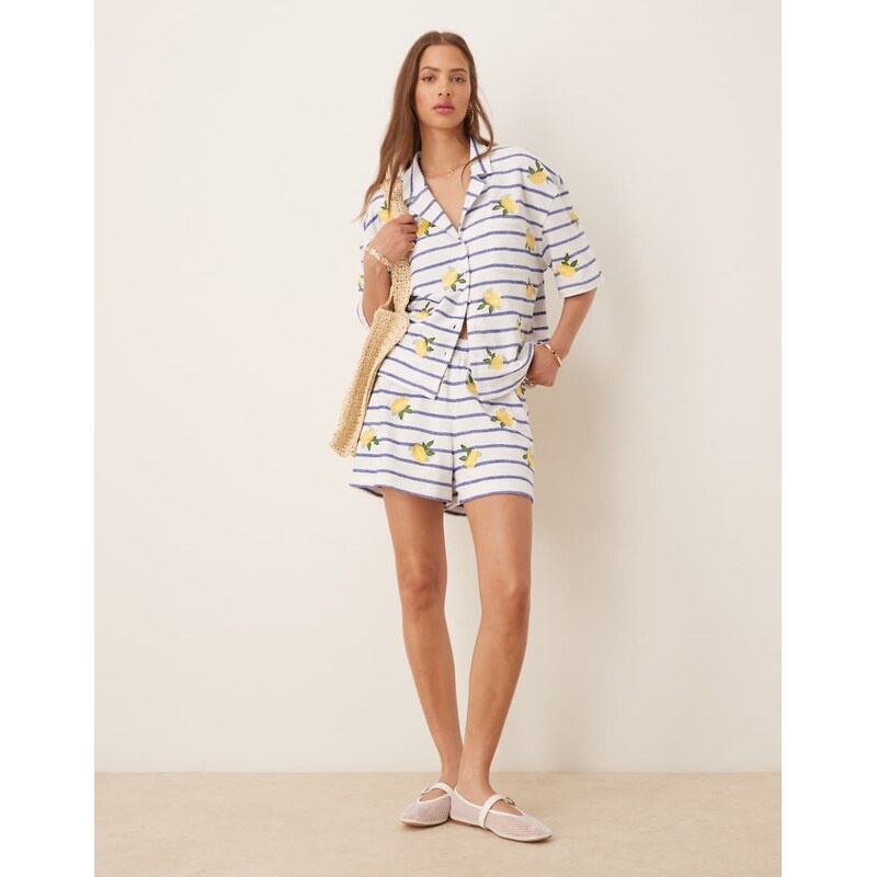 ASOS DESIGN stripe shorts with lemon embroidery-White