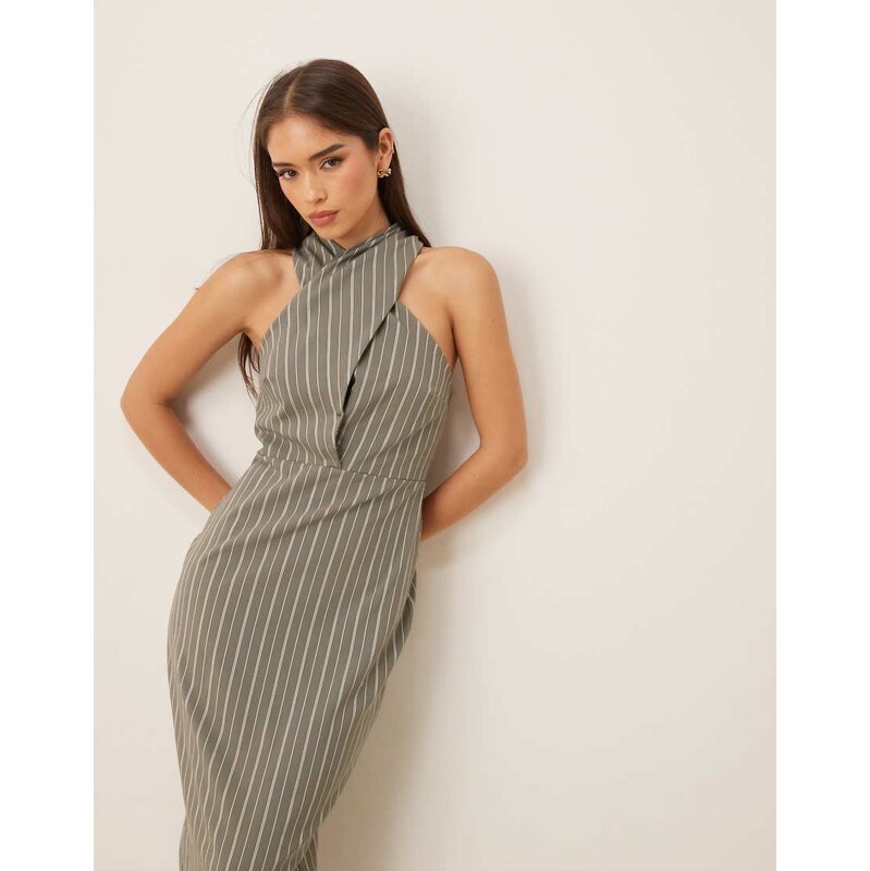 ASOS DESIGN bengaline cross neck midi column dress in stripe-Multi 115718754