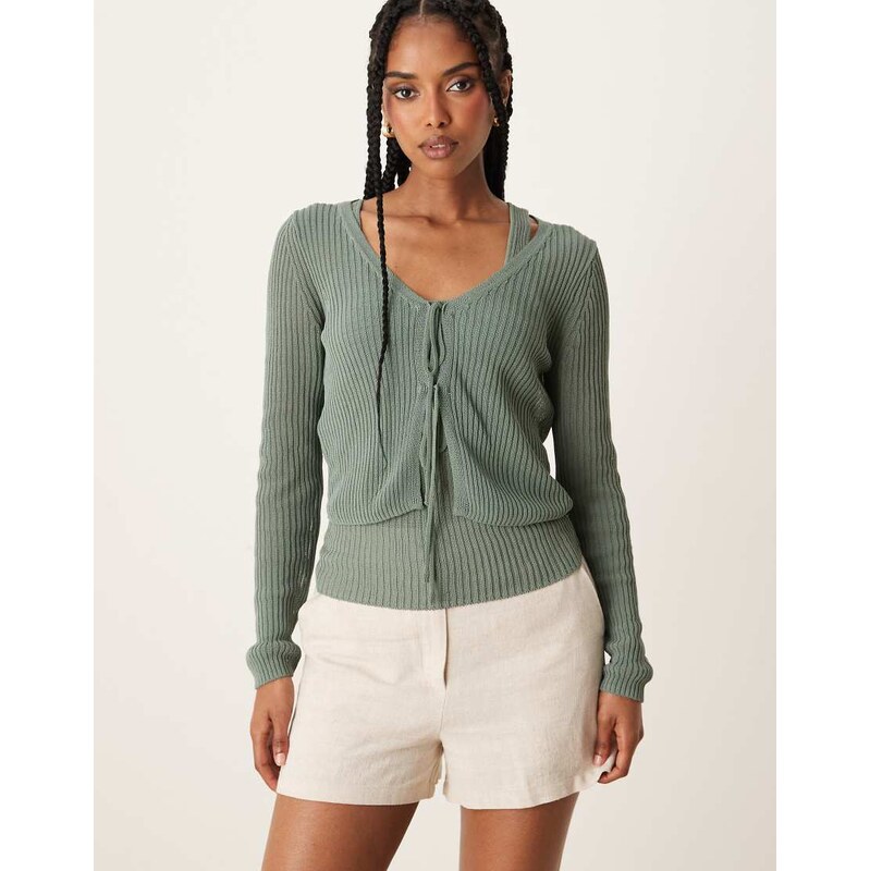 Mango tie front lightweight cardigan in sage green 105829097