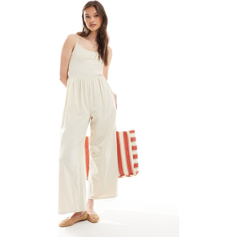 ASOS DESIGN cami wide leg jumpsuit with pockets in stone-Neutral