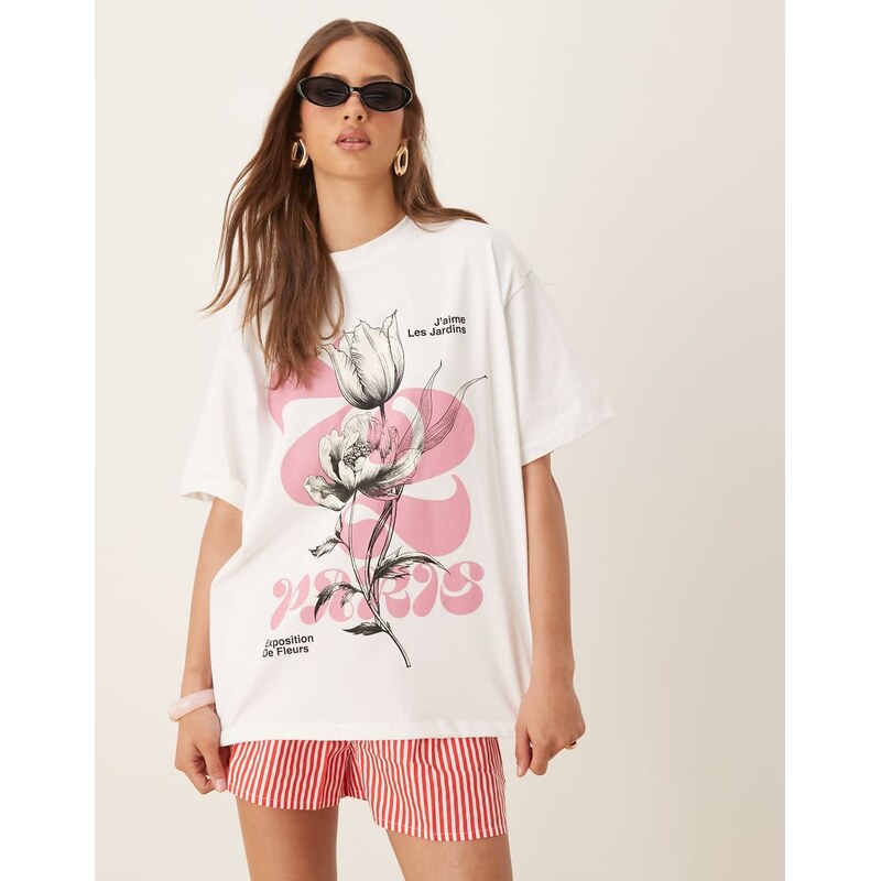 ASOS DESIGN oversized t-shirt with pink flower graphic in white 105833765