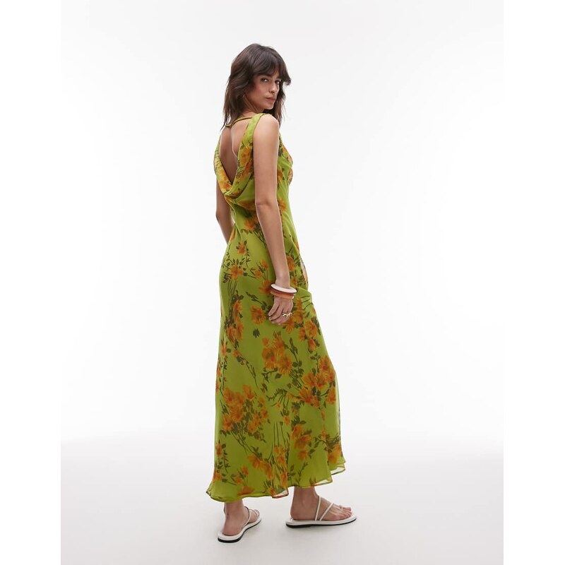 Topshop built up double layered cowl neck maxi dress in green