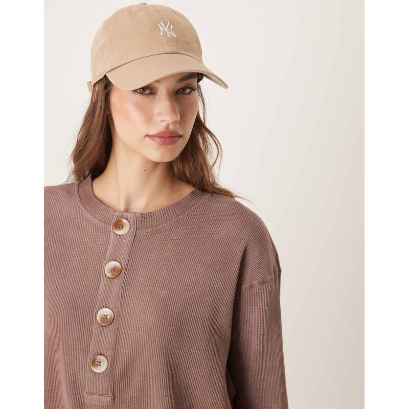 ASOS DESIGN heavy waffle long sleeve henley top in washed brown 105830731
