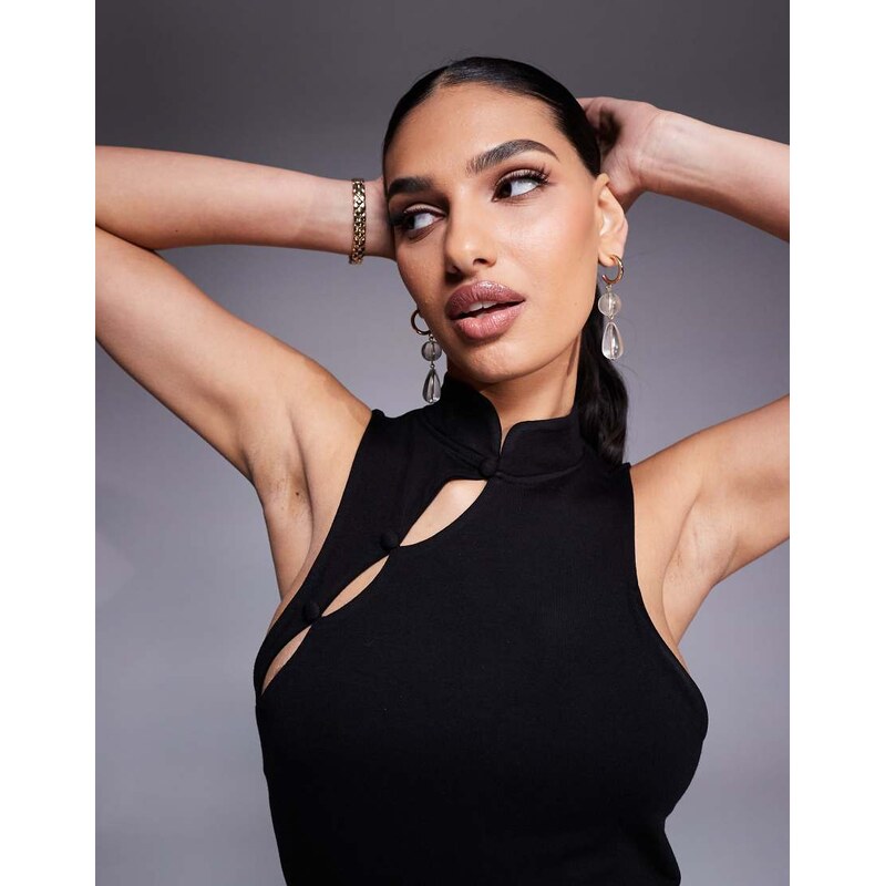 ASOS DESIGN fitted racer top with rouleau loop buttons detail in black 105830739
