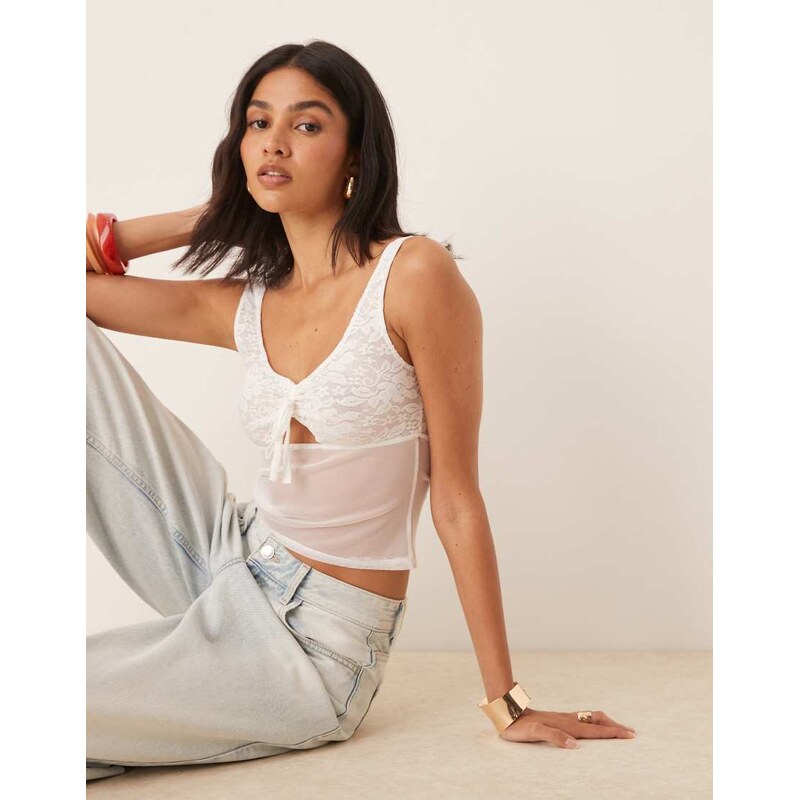ASOS DESIGN mesh cami top with lace detail in white 105833775