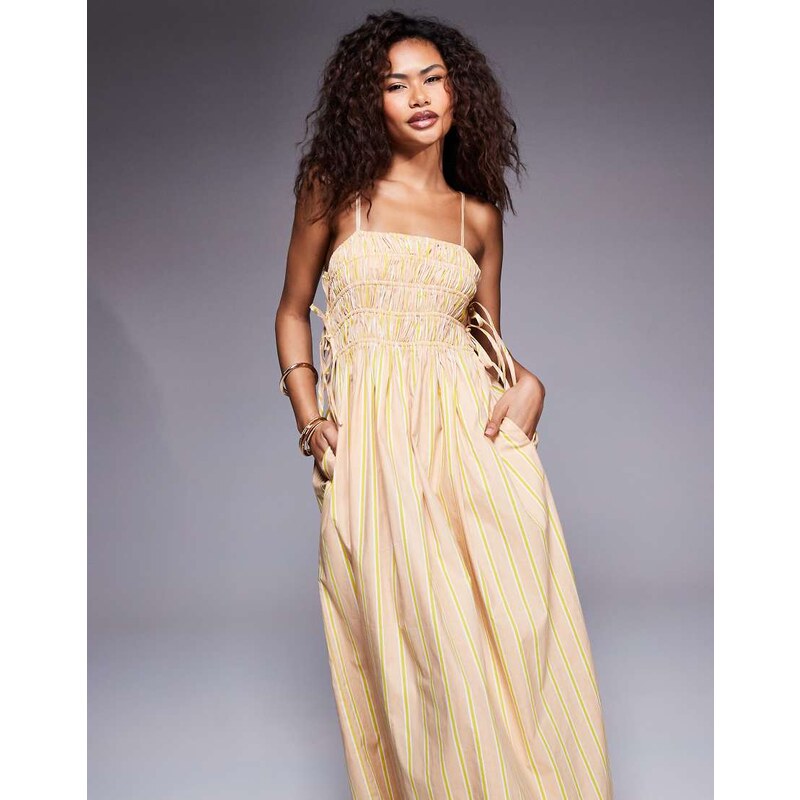 River Island shirred strappy midi dress in stone-Neutral 105884292