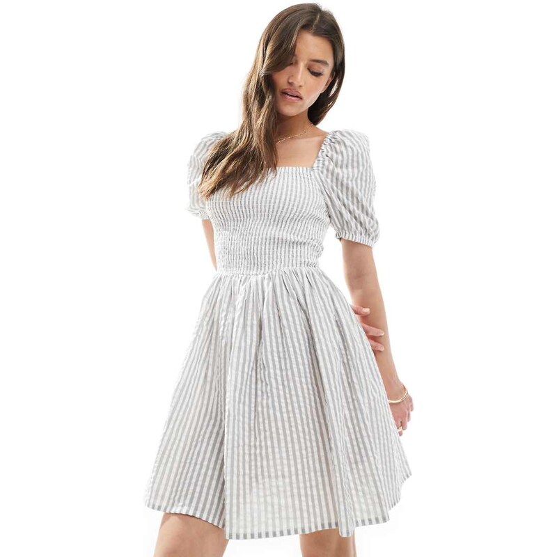 Brave Soul cotton rich square neck milkmaid mini dress in grey stripe 105877318
