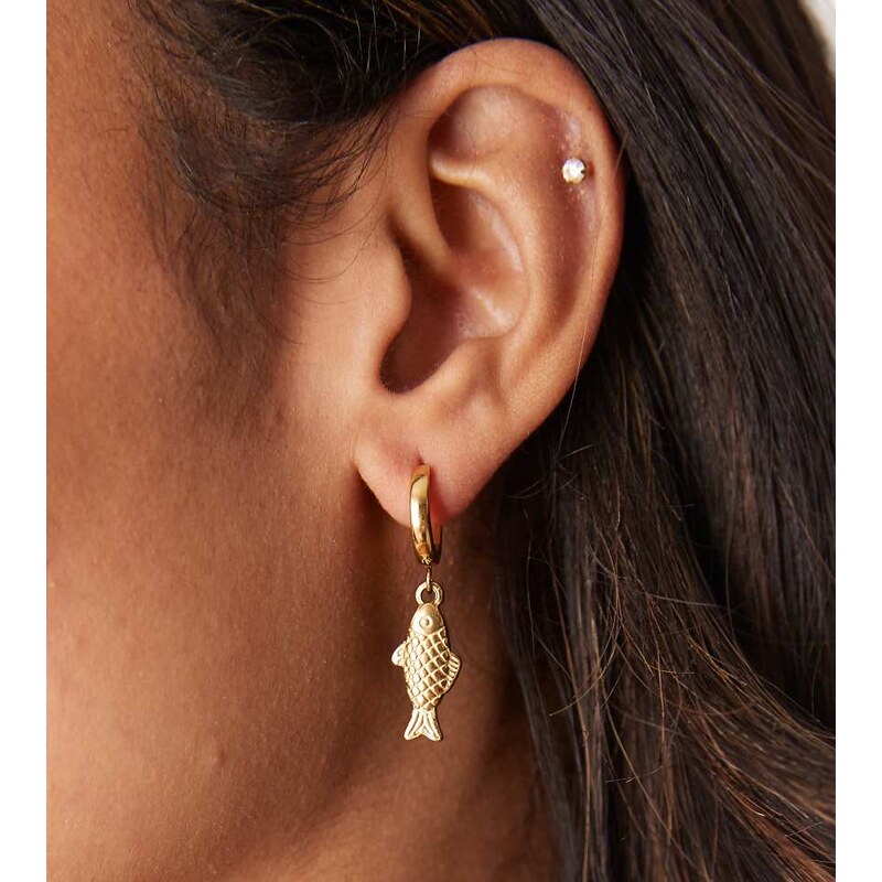 Lost Souls huggie hoop earrings with fish charm in 18ct gold plated 106051153