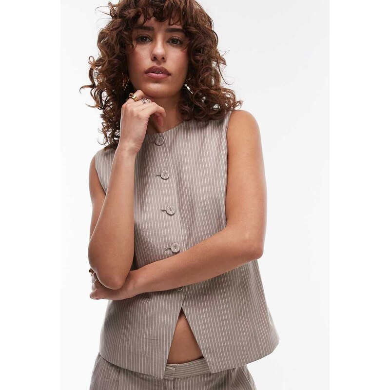 Mango cotton pinstripe high neck waistcoat co-ord in brown 105833747