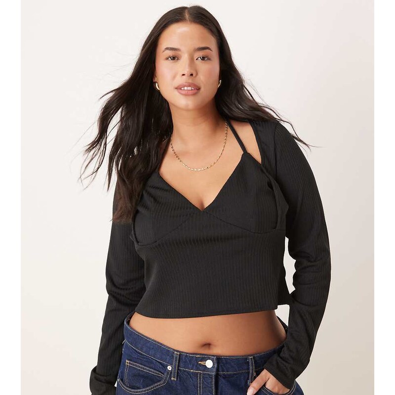 ASOS Curve ASOS DESIGN Curve rib halter neck long sleeve top in black 105833936
