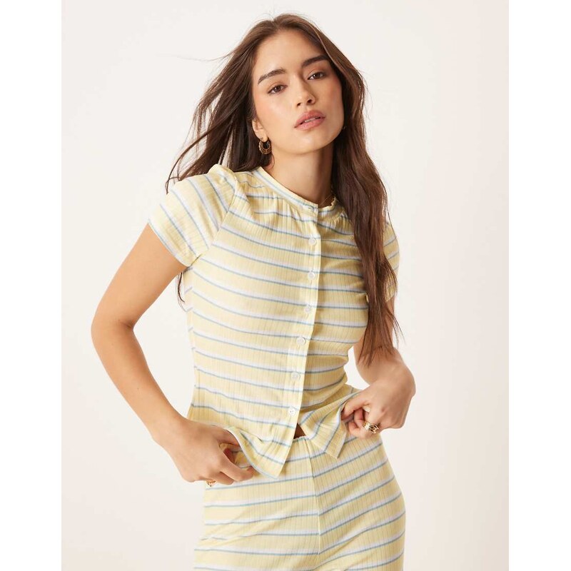 ASOS DESIGN stripe co-ord short sleeve cardigan in yellow stripe 105833768