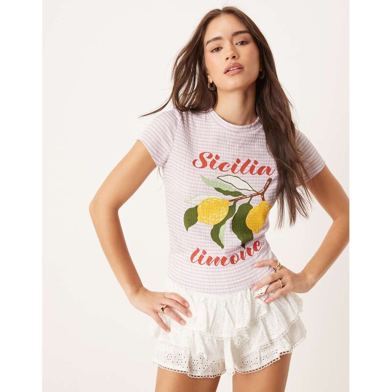 ASOS DESIGN baby tee with sicilia lemon graphic in lilac gingham-Multi 105833968