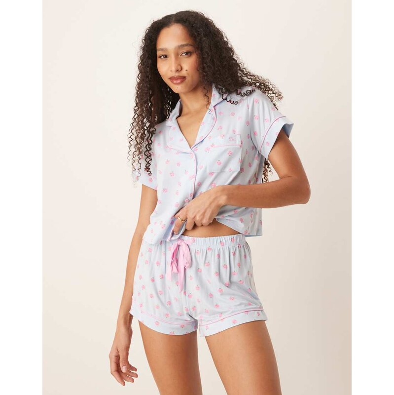 Boux Avenue strawberry modal short sleeve revere and short set in blue 106008664