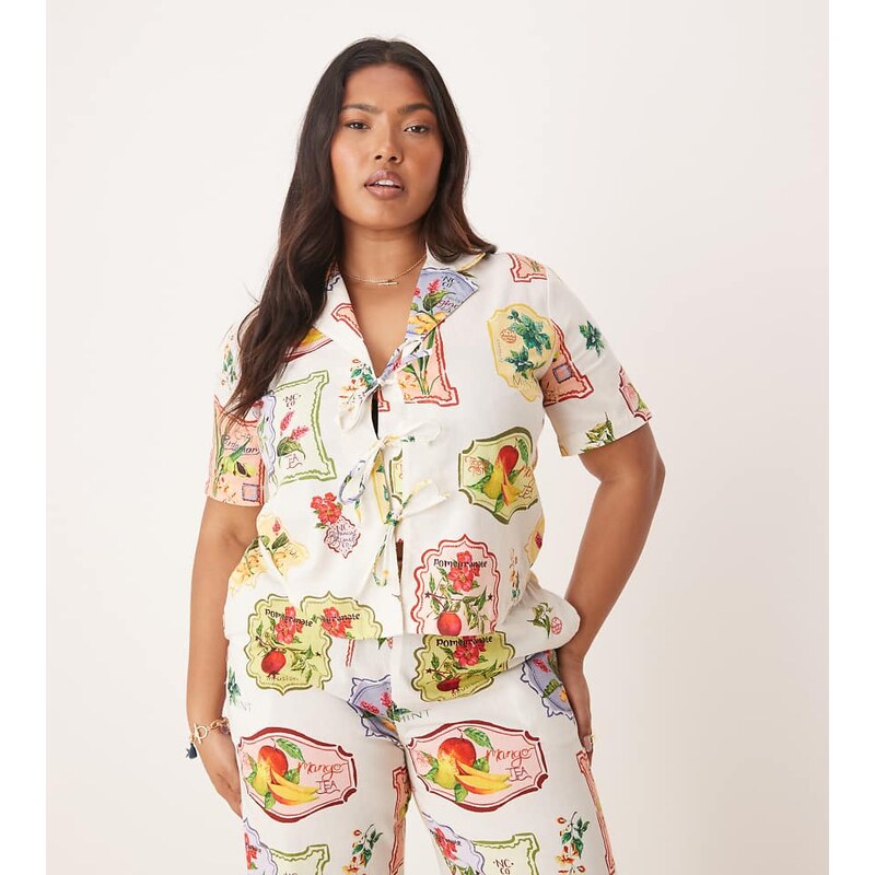 Nobodys Child Plus Harper tie detail shirt co-ord in postcard fruit 106025553