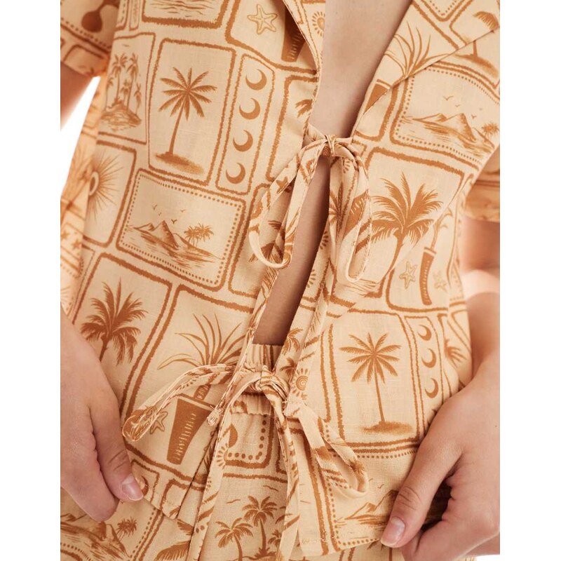 Vero Moda boxy tie front shirt co-ord in tonal postcard print-Multi