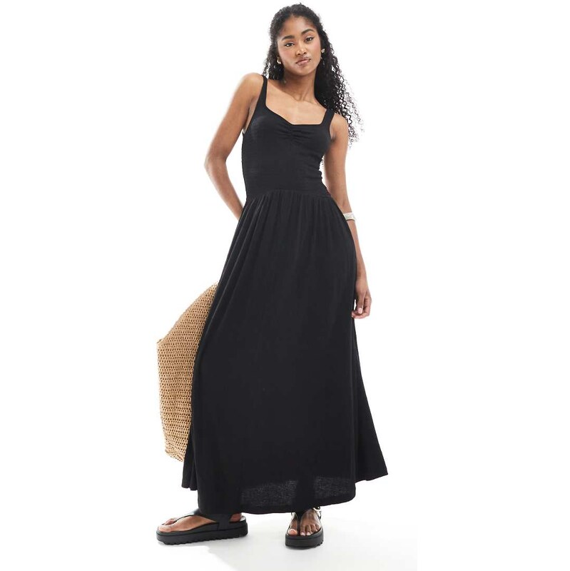 ASOS DESIGN crinkle sweetheart neck midi dress in black