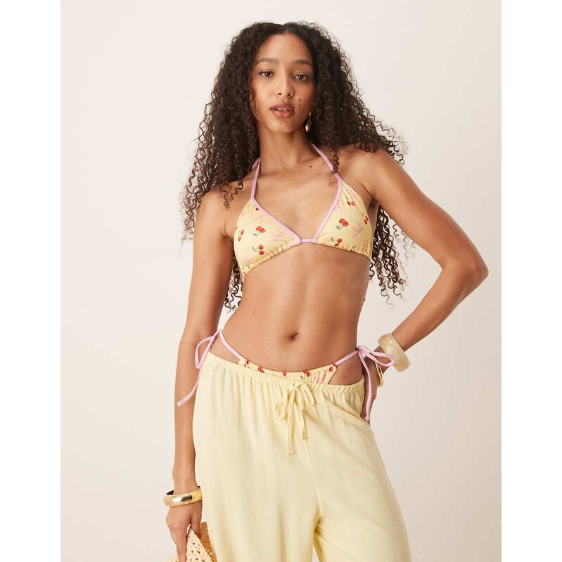 ASOS DESIGN Brielle bow and cherry print triangle bikini top in yellow 105836881