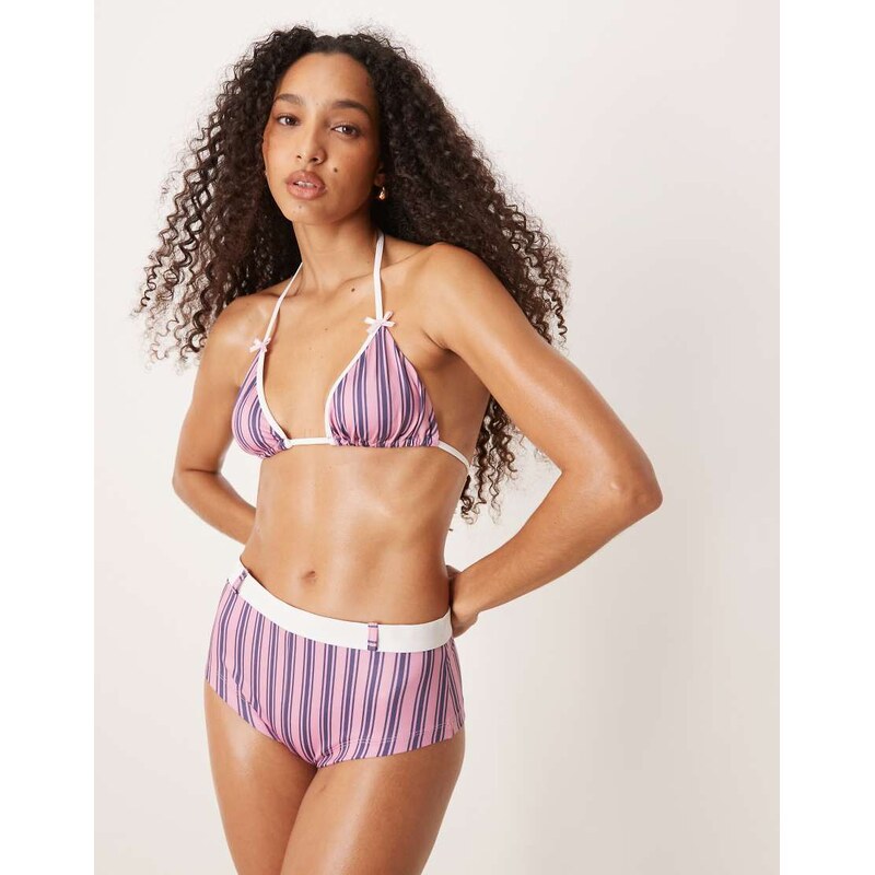 ASOS DESIGN Daisy contrast pinstripe triangle bikini top in pink 105836882