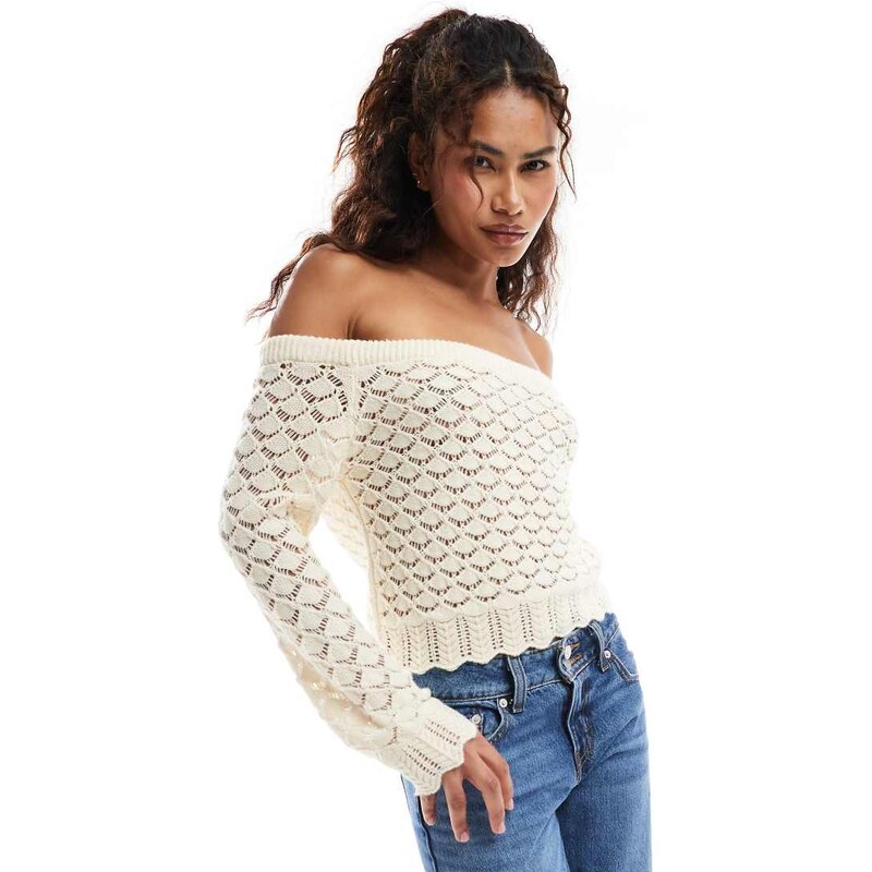 Miss Selfridge knitted pointelle bardot jumper in cream-White 105838724