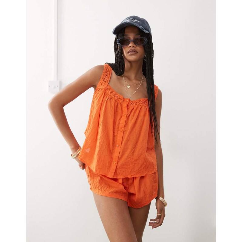COLLUSION crotchet button up woven beach top in orange - ORANGE 106876803