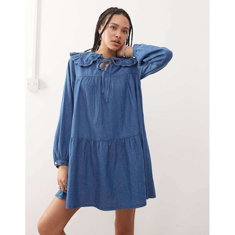 Reclaimed Vintage denim mini smock dress with oversized peter pan 115567803