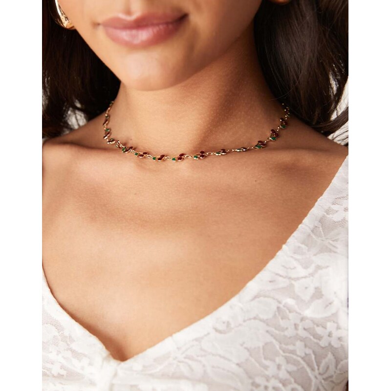 ASOS DESIGN short necklace with sparkly cherry details in gold tone 105838691