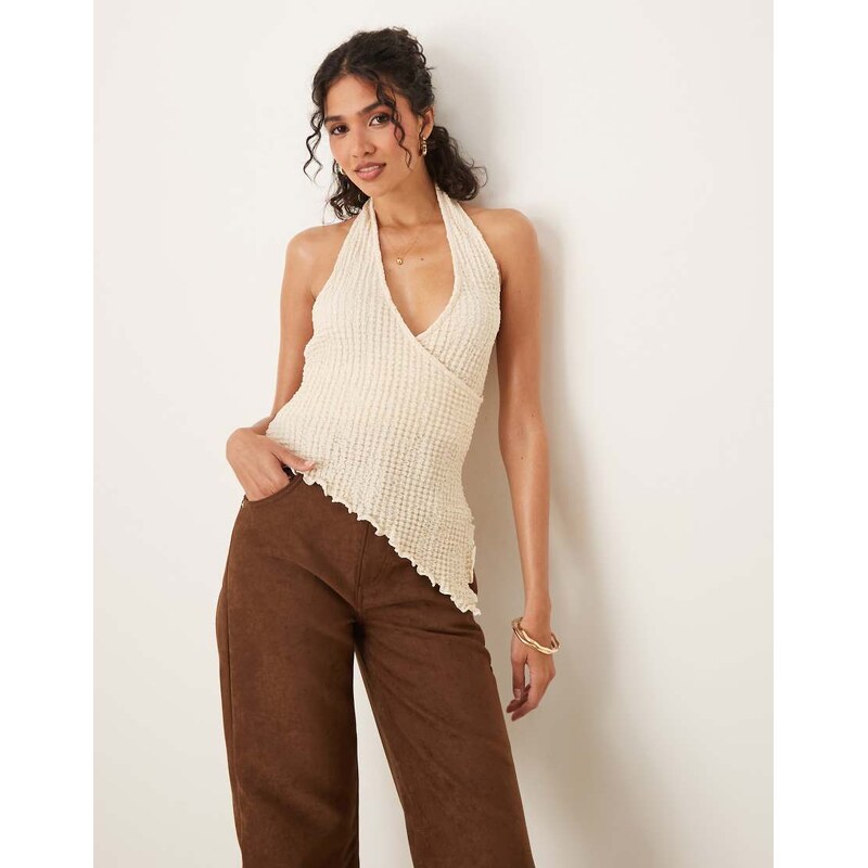 ASOS DESIGN asymmetric wrap halter textured top in ecru-White 105838765
