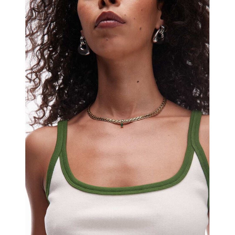 Topshop Sara textured rope chain with green pendant in gold tone 105838785