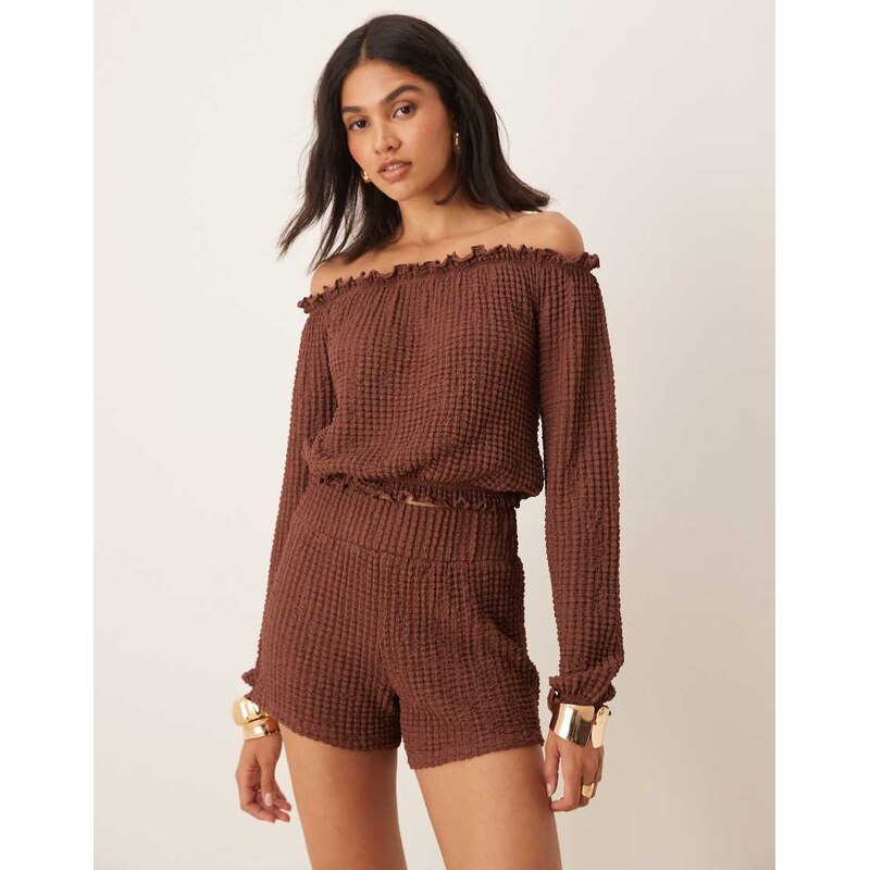 ASOS DESIGN off shoulder textured top with mini frill co ord in brown 105838797