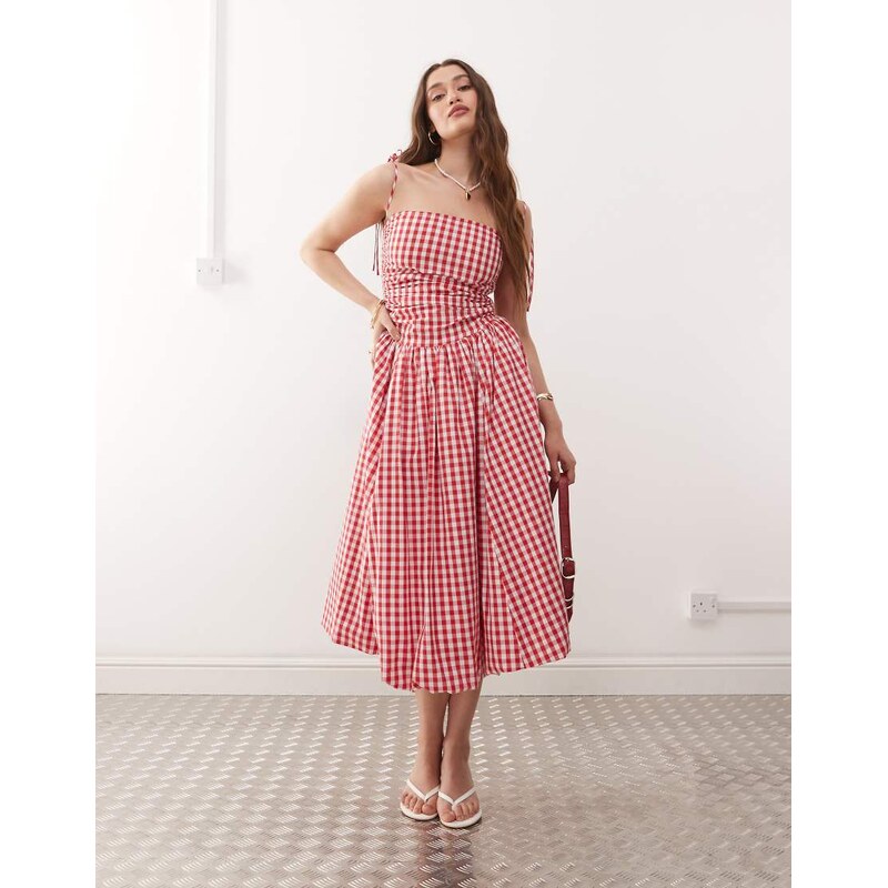 Amy Lynn Alexa tie shoulder puffball midi dress in red gingham 105838801