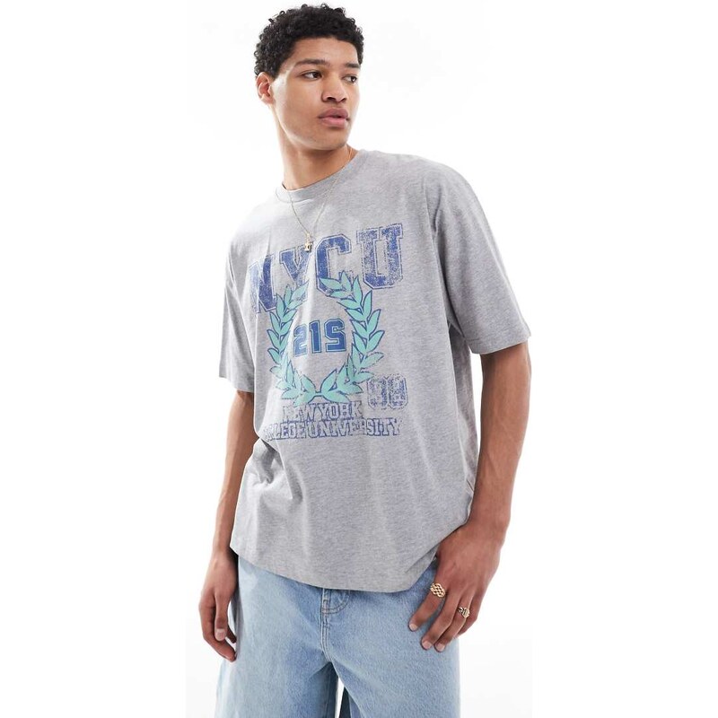 ASOS DESIGN oversized t-shirt with varsity graphic in white marl