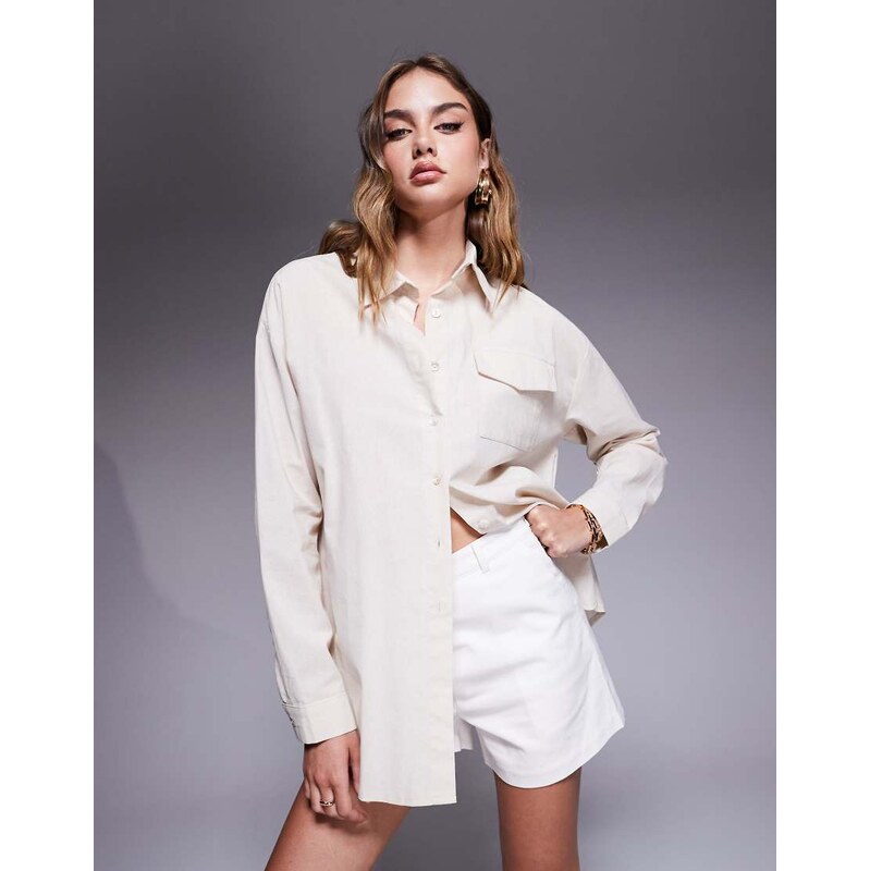 Missyempire linen look pocket front shirt in cream-White