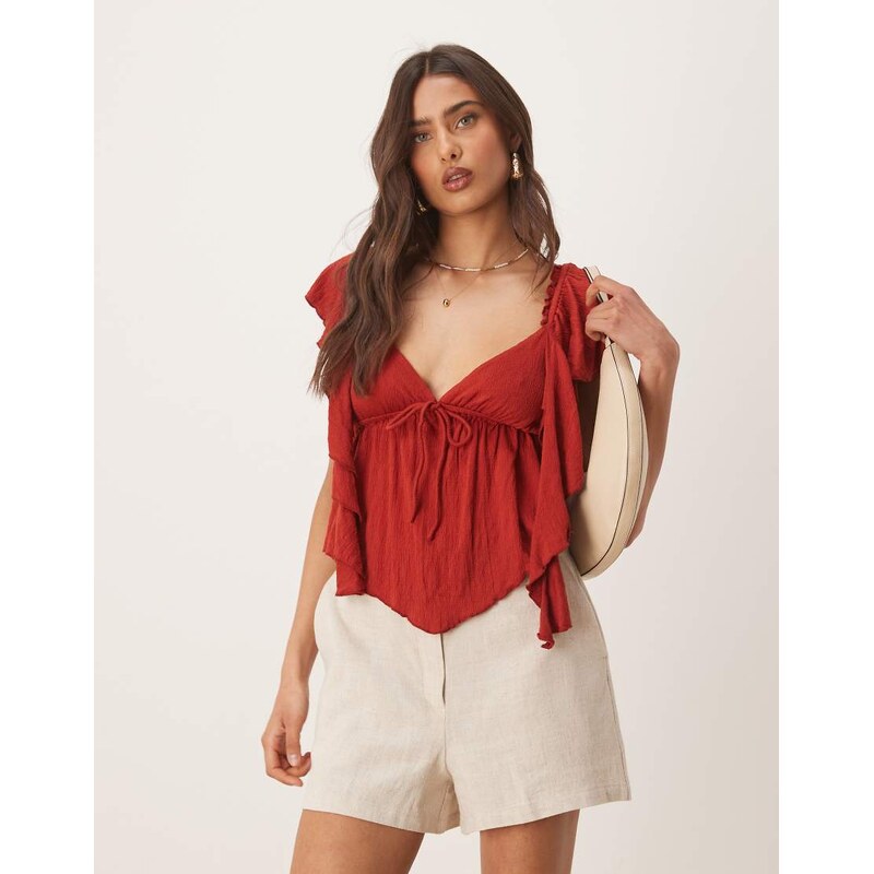 ASOS DESIGN crinkle flutter sleeve open back top in rust-Red