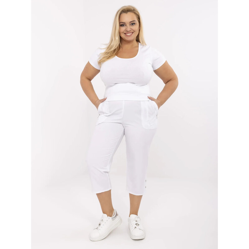 BASIC Bílé dámské plus size 3/4 kalhoty s viskózou -white Bílá