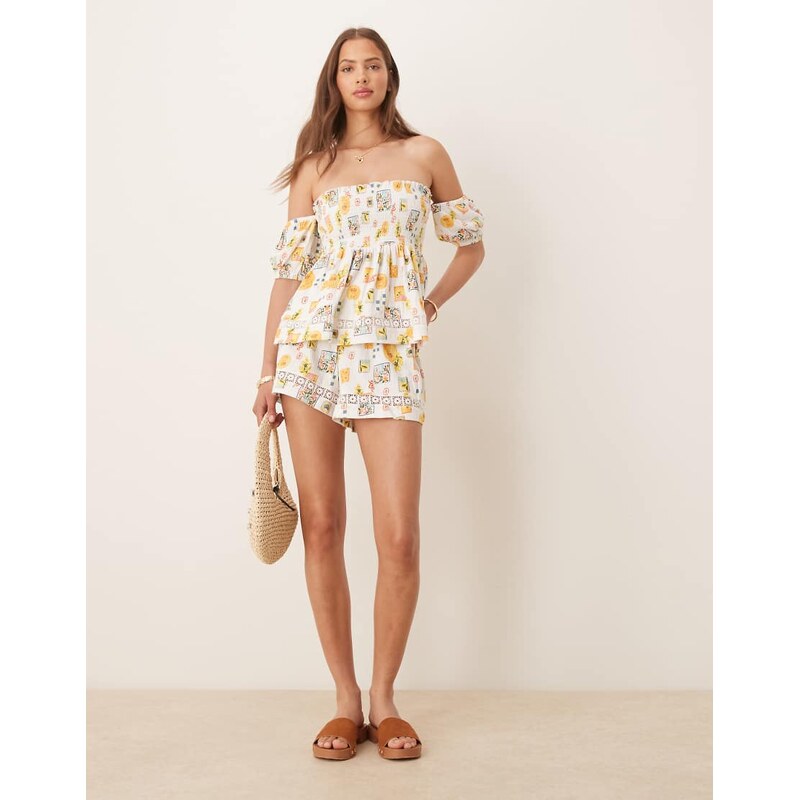 ASOS DESIGN lace trim shorts in postcard print-Multi