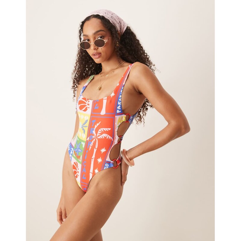 ASOS DESIGN Trinny cut out swimsuit in paridiso print-Multi 112309568