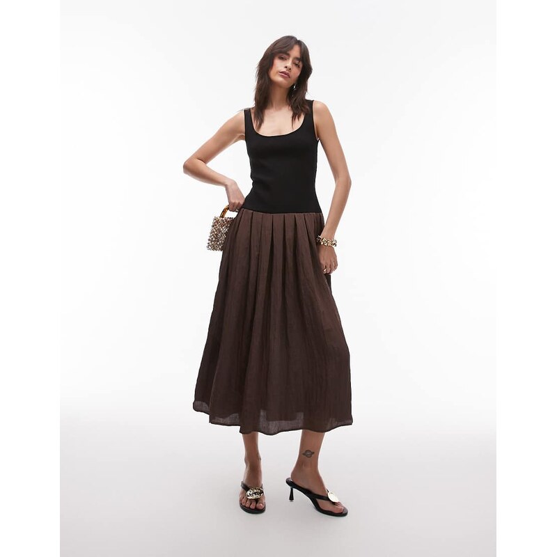 Mango contrast drop waist pleated dress in dark brown