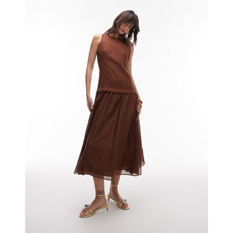 Mango linen dropped waist maxi dress with sheer hem in chocolate-Brown 105852246
