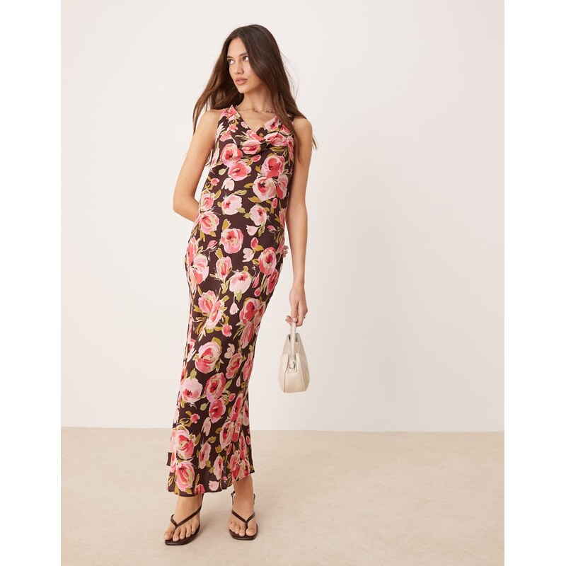 Mango floral print cowl neck midaxi dress in brown 105852231