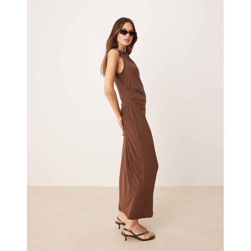 Mango cinched waist maxi dress with gold accent shoulder in chocolate 105852233